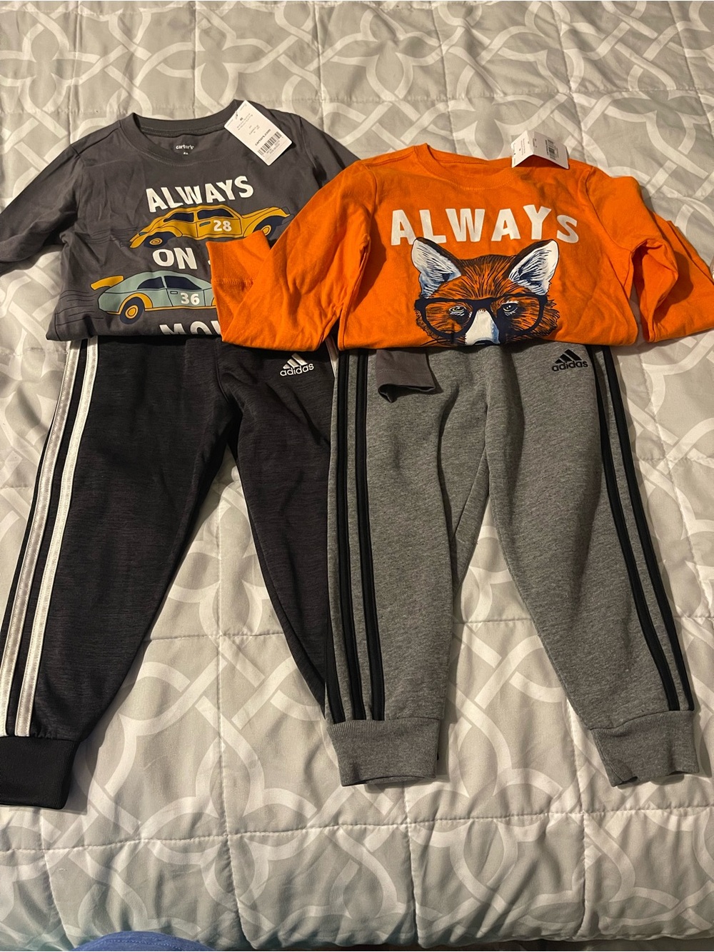 adidas Kids Gray and Black Jogger Set with Orange and Charcoal Tops